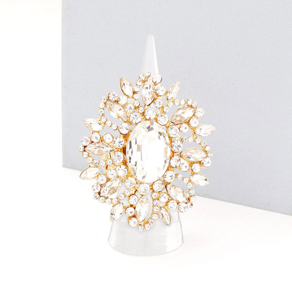 Madeline Love Clear, Gold Oval Crystal Cluster Stretch Ring - Jewelry