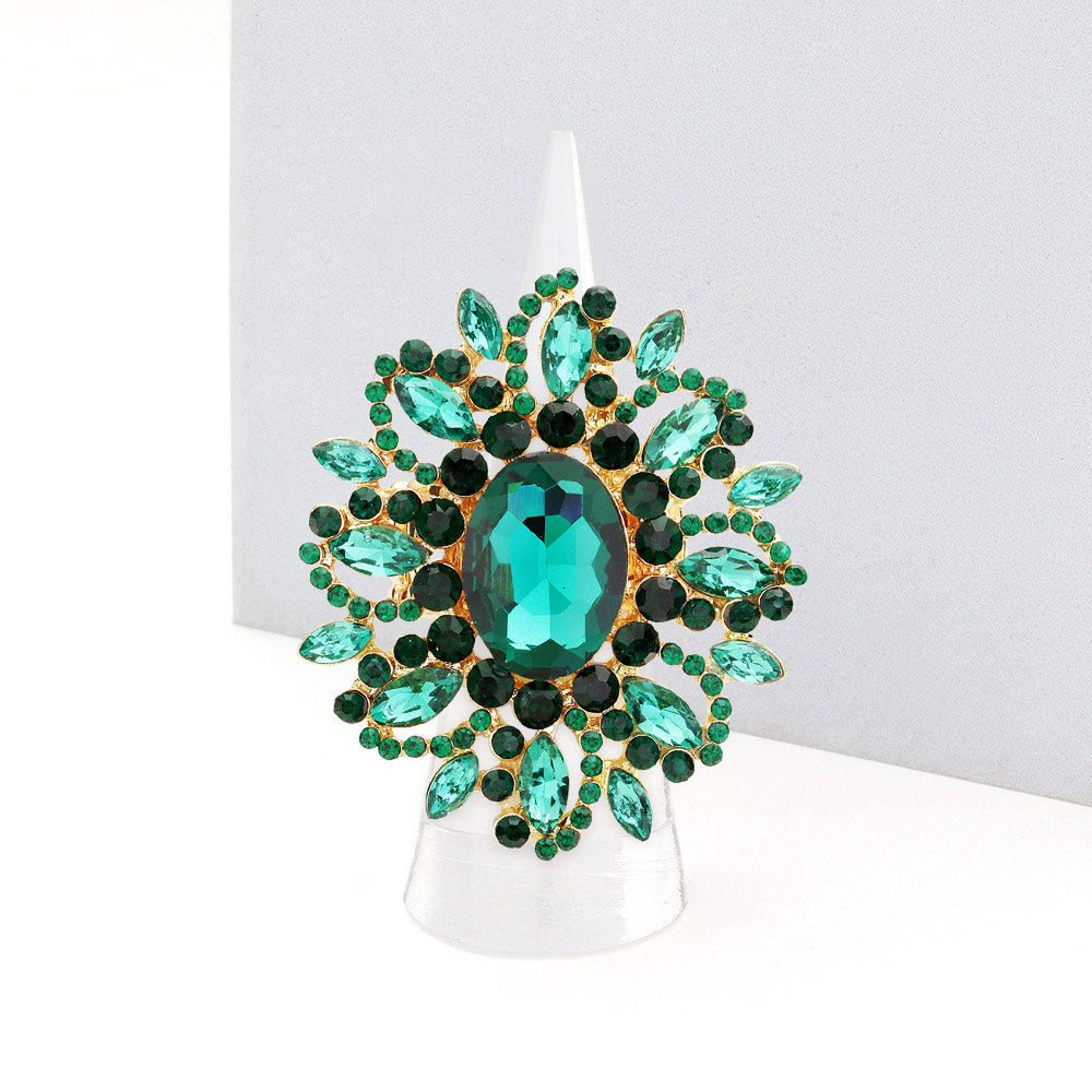 Madeline Love Emerald, Gold Oval Crystal Cluster Stretch Ring - Jewelry