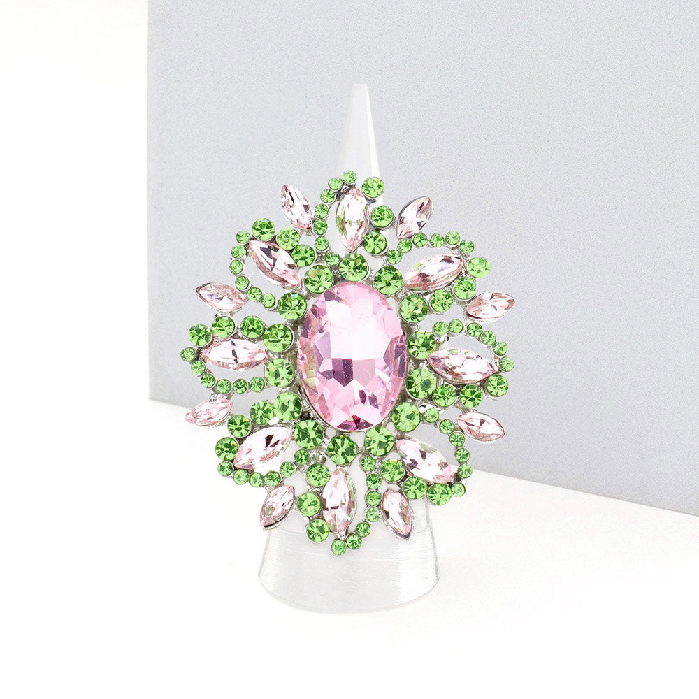 Madeline Love Pink&Green Oval Crystal Cluster Stretch Ring - Jewelry