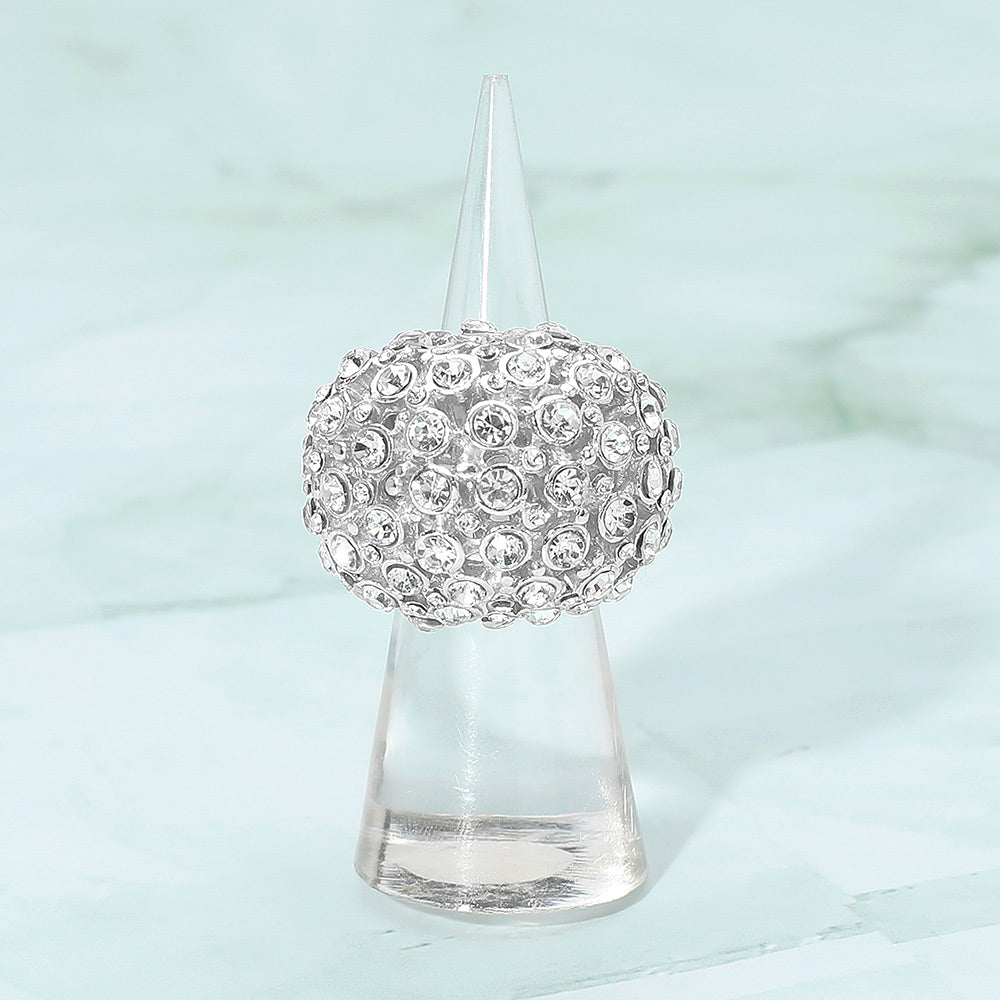 Madeline Love Clear, Rhodium Rhinestone Paved Dome Stretch Statement Ring - Hair Accessories
