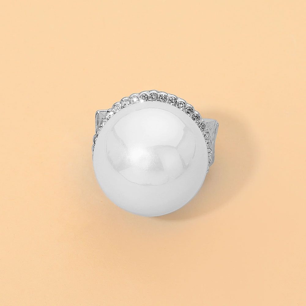 Madeline Love Rhodium, White Oversized Pearl Accent Stretch Statement Ring