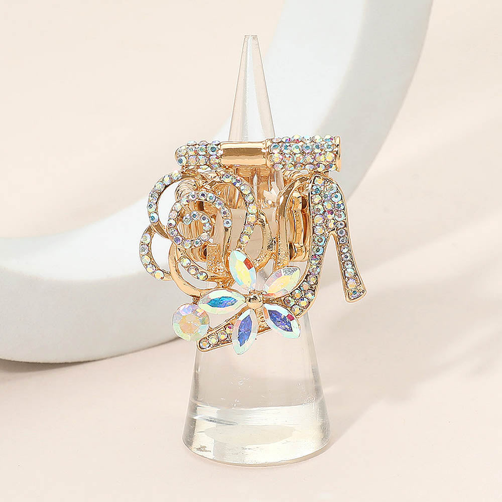 Madeline Love AB, Gold Rhinestone Pave High Heel Flower Lipstick Stretch Ring - Hair Accessories
