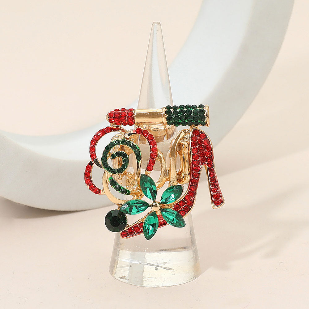 Madeline Love Gold, Green, Red Rhinestone Pave High Heel Flower Lipstick Stretch Ring - Hair Accessories