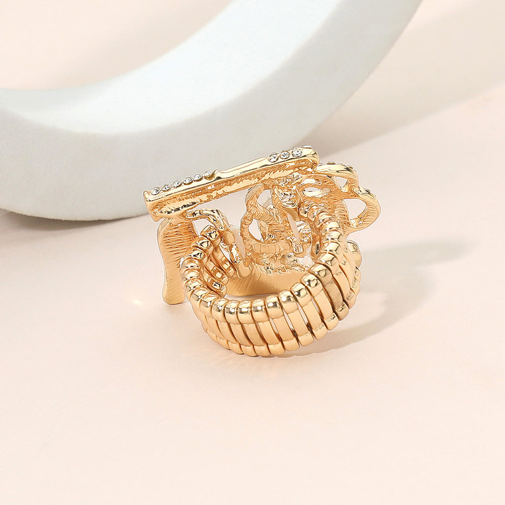 Madeline Love Gold, Green, Red Rhinestone Pave High Heel Flower Lipstick Stretch Ring - Hair Accessories - desc