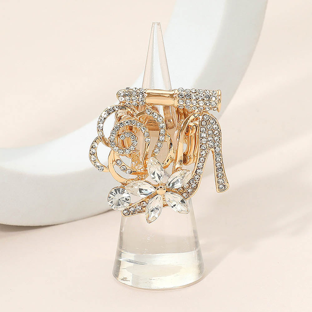 Madeline Love Clear, Gold Rhinestone Pave High Heel Flower Lipstick Stretch Ring - Hair Accessories
