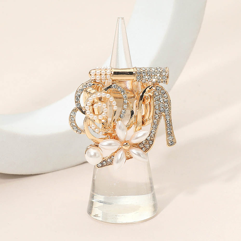 Madeline Love Cream, Gold Rhinestone Pave High Heel Flower Lipstick Stretch Ring - Hair Accessories