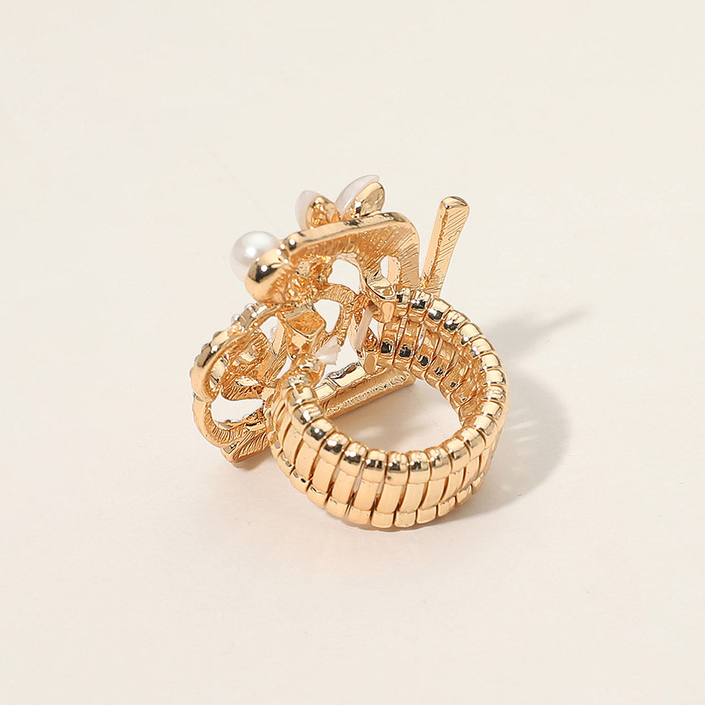 Madeline Love Cream, Gold Rhinestone Pave High Heel Flower Lipstick Stretch Ring - Hair Accessories - desc