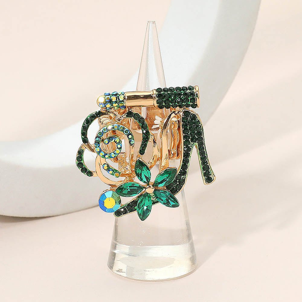 Madeline Love Gold, Green Rhinestone Pave High Heel Flower Lipstick Stretch Ring - Hair Accessories
