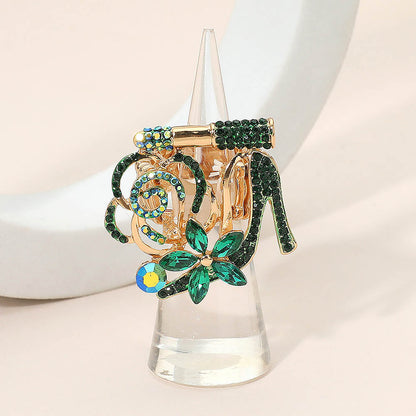Madeline Love Gold, Green Rhinestone Pave High Heel Flower Lipstick Stretch Ring - Hair Accessories