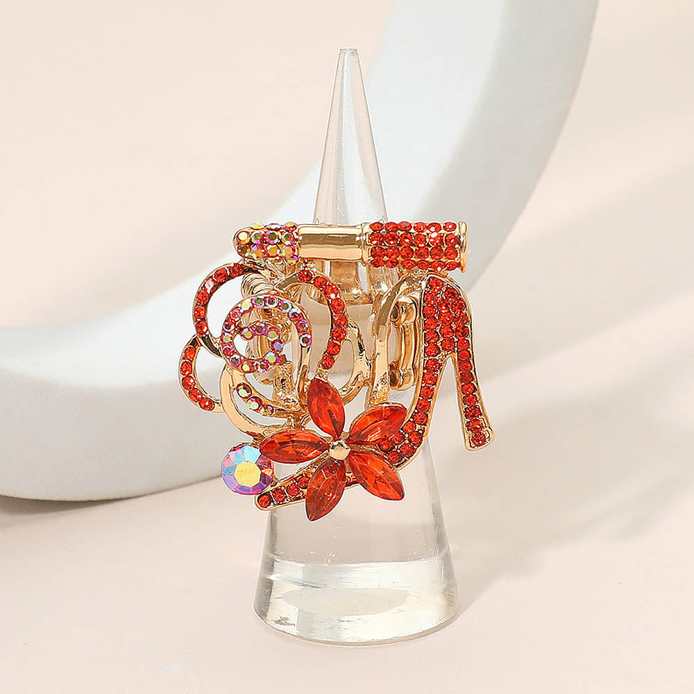 Madeline Love Gold, Orange Rhinestone Pave High Heel Flower Lipstick Stretch Ring - Hair Accessories