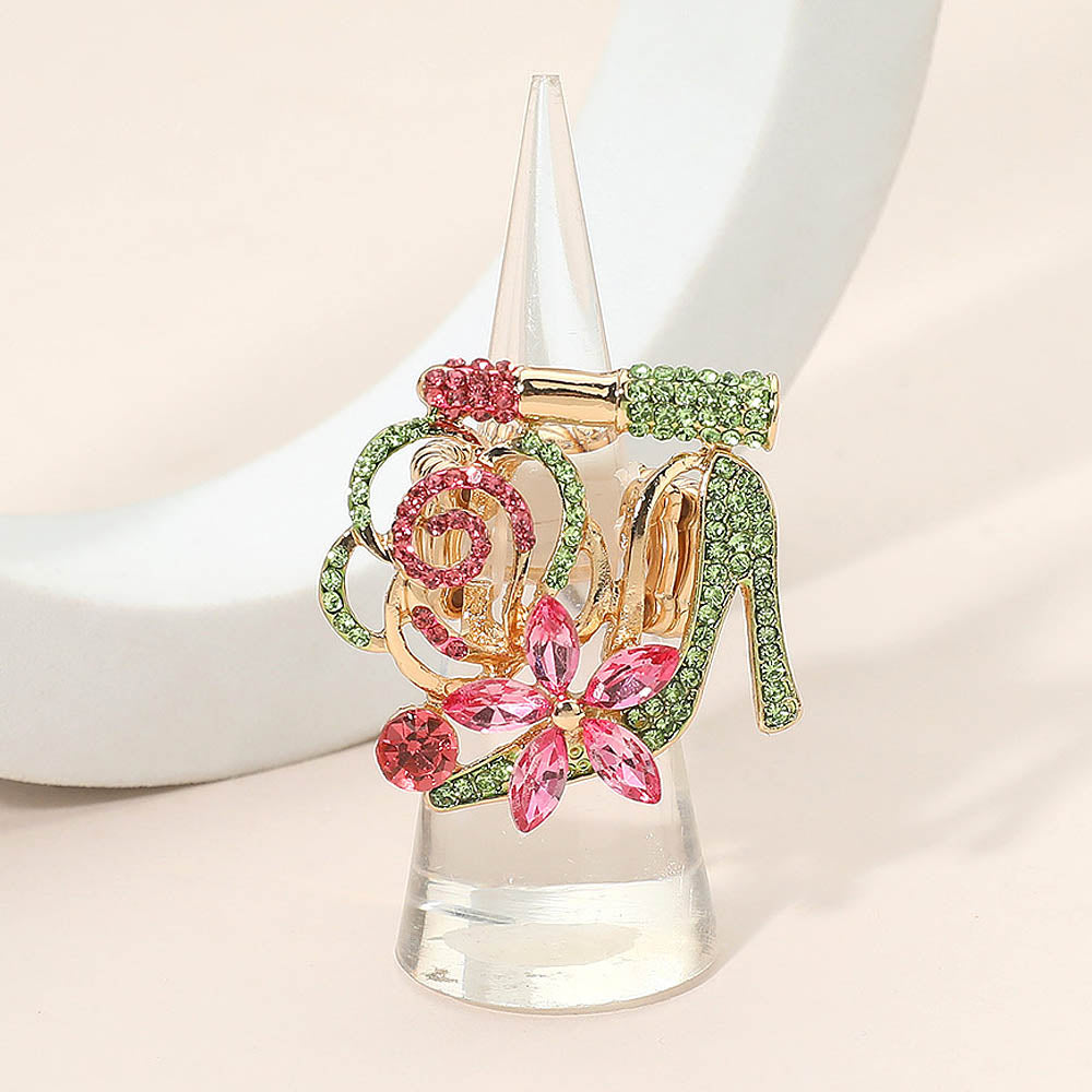 Madeline Love Gold, Pink&Green Rhinestone Pave High Heel Flower Lipstick Stretch Ring - Hair Accessories