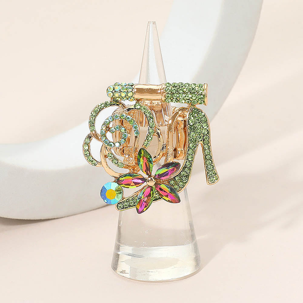 Madeline Love Gold, Vitrail Light Rhinestone Pave High Heel Flower Lipstick Stretch Ring - Hair Accessories