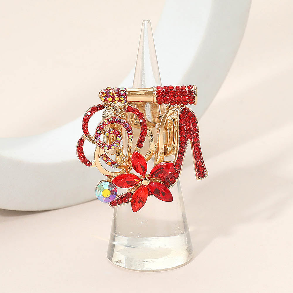 Madeline Love Gold, Red Rhinestone Pave High Heel Flower Lipstick Stretch Ring - Hair Accessories
