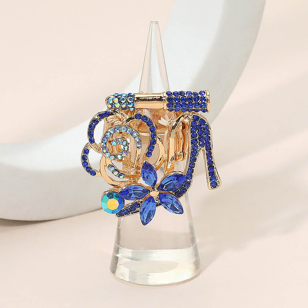 Madeline Love Gold, Royal Blue Rhinestone Pave High Heel Flower Lipstick Stretch Ring - Hair Accessories