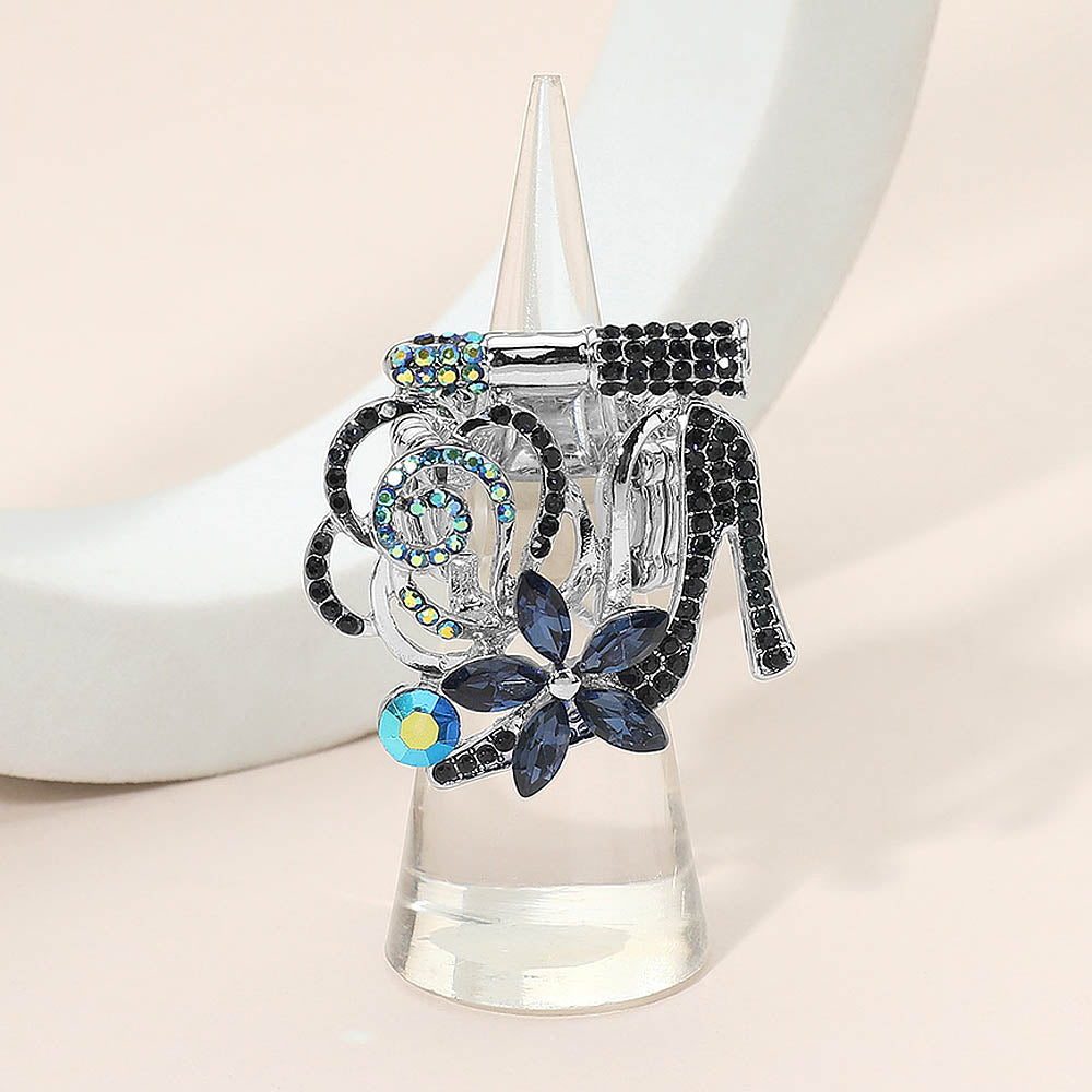 Madeline Love Navy, Rhodium Rhinestone Pave High Heel Flower Lipstick Stretch Ring - Hair Accessories
