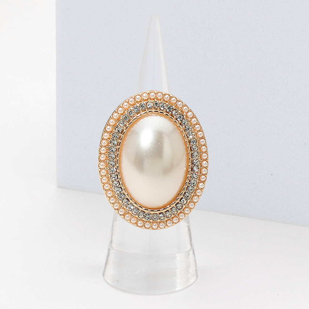 Madeline Love Cream, Gold Oval Pearl Halo Stretch Ring - Hair Accessories