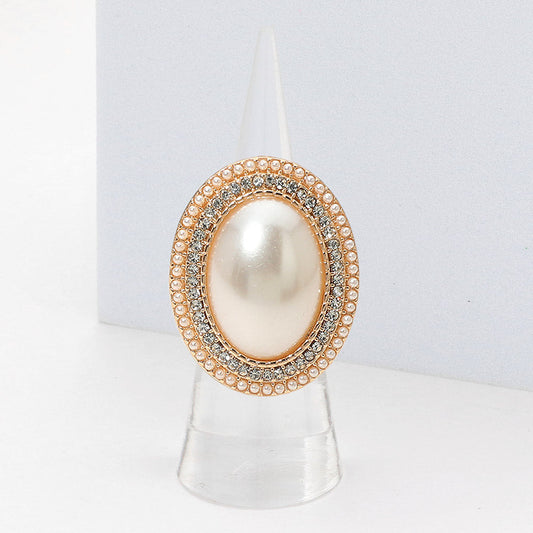 Madeline Love Cream, Gold Oval Pearl Halo Stretch Ring - Hair Accessories