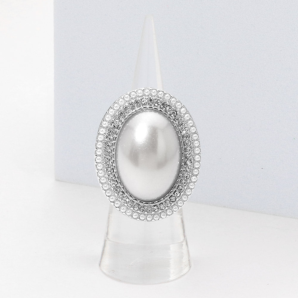 Madeline Love Rhodium, White Oval Pearl Halo Stretch Ring - Hair Accessories