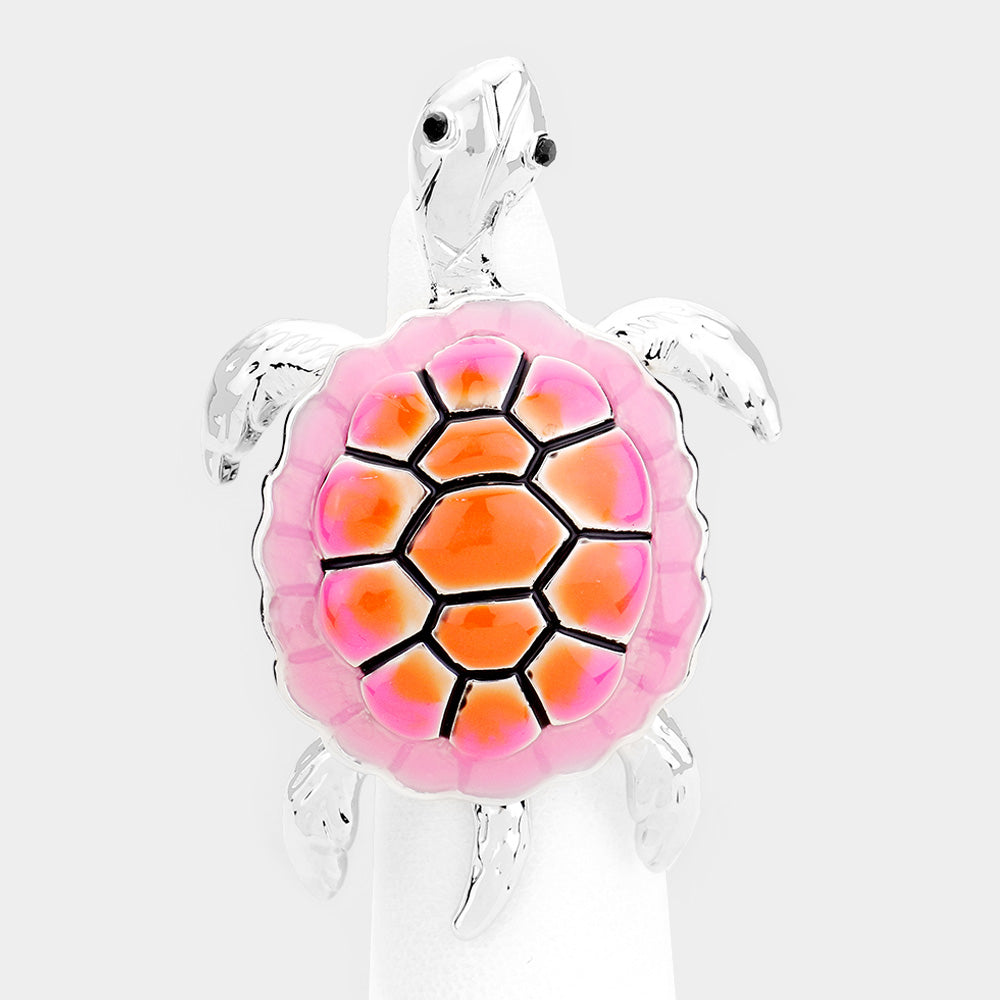 Antique Silver, Pink Enamel Metal Turtle Stretch Ring