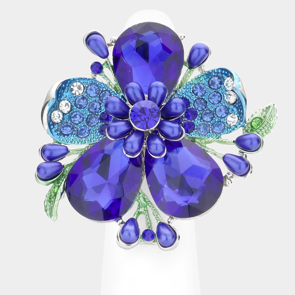 Madeline Love Rhodium, Royal Blue Pearl Stone Embellished Oversized Flower Stretch Ring