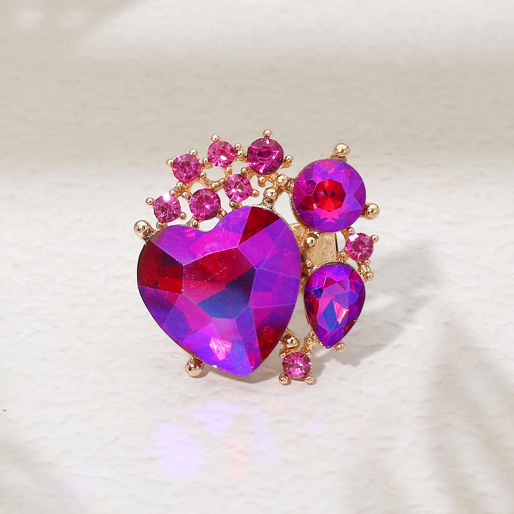 Madeline Love Fuchsia, Gold Heart Crystal Cluster Embellished Statement Stretch Ring - Hair Accessories