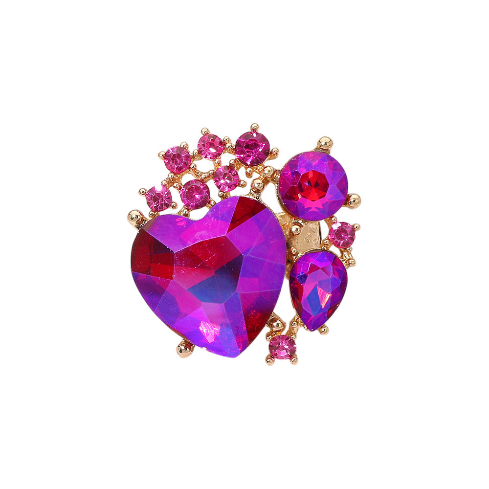 Madeline Love Fuchsia, Gold Heart Crystal Cluster Embellished Statement Stretch Ring - Hair Accessories - desc