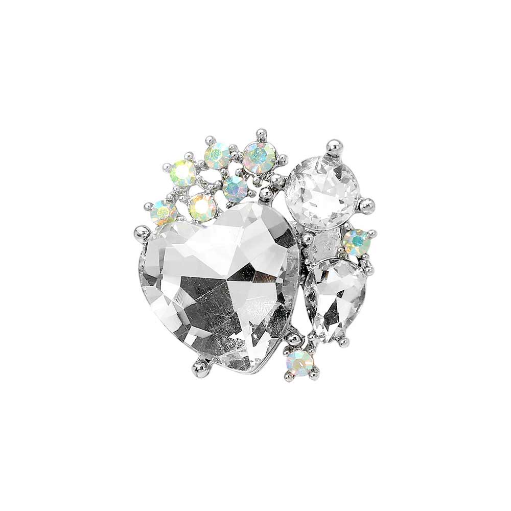 Madeline Love Clear, Rhodium Heart Crystal Cluster Embellished Statement Stretch Ring - Hair Accessories - desc