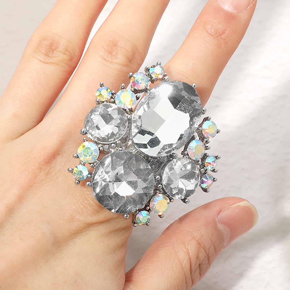 Madeline Love Clear, Rhodium Oval Round Stone Cluster Statement Stretch Ring - Hair Accessories