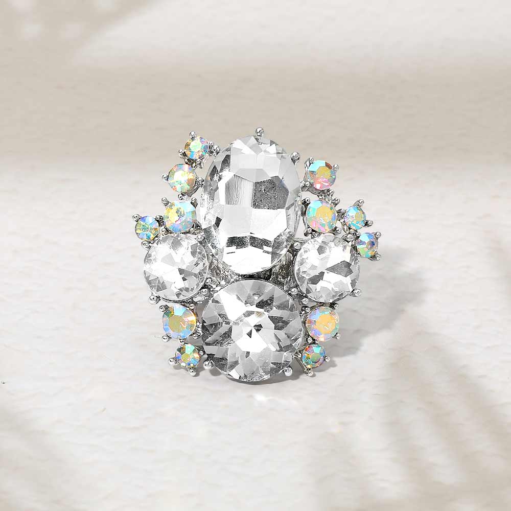 Madeline Love Clear, Rhodium Oval Round Stone Cluster Statement Stretch Ring - Hair Accessories - desc