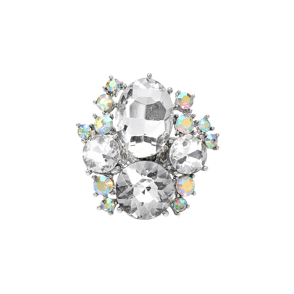 Madeline Love Clear, Rhodium Oval Round Stone Cluster Statement Stretch Ring - Hair Accessories - extra