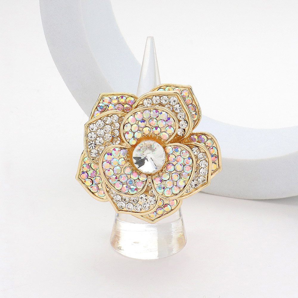 Madeline Love AB, Gold Round Stone Centered Rhinestone Paved Flower Stretch Ring - Hair Accessories