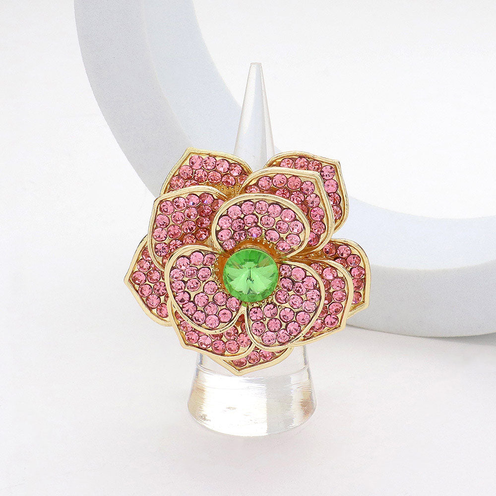 Madeline Love Pink&Green Round Stone Centered Rhinestone Paved Flower Stretch Ring - Hair Accessories
