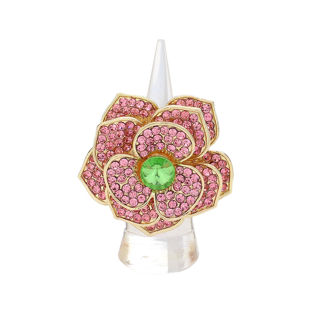 Madeline Love Pink&Green Round Stone Centered Rhinestone Paved Flower Stretch Ring - Hair Accessories - desc
