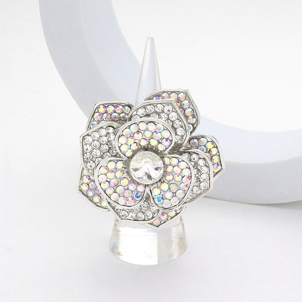 Madeline Love AB, Silver Round Stone Centered Rhinestone Paved Flower Stretch Ring - Hair Accessories