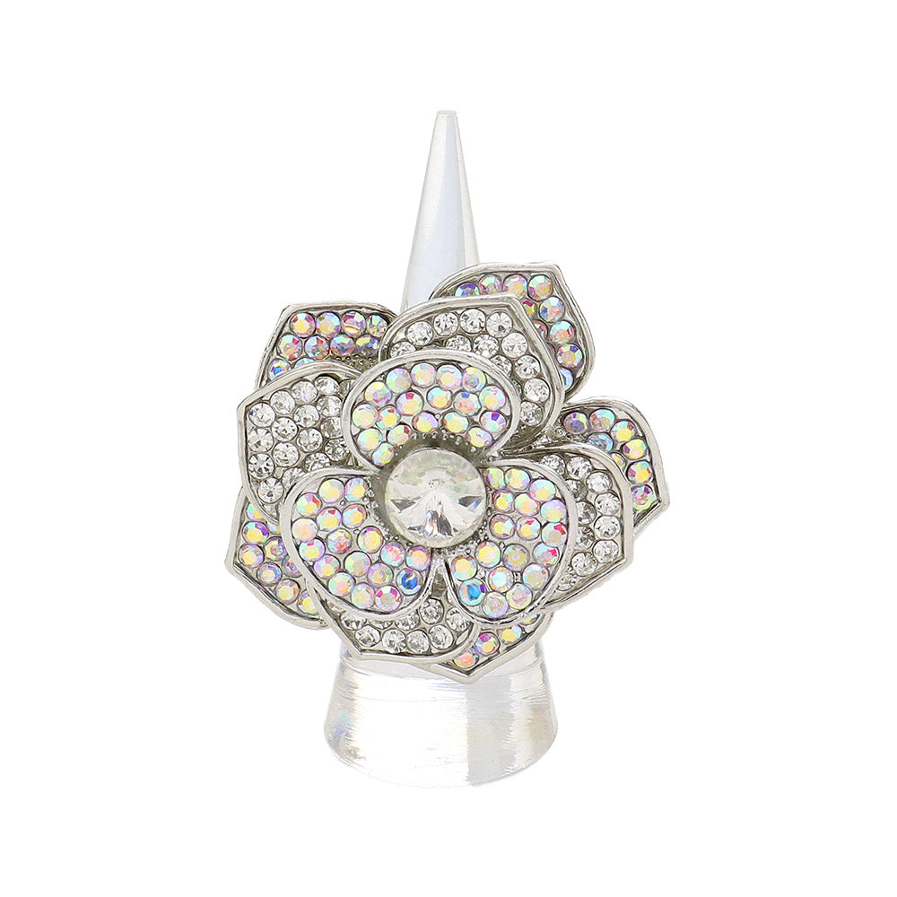 Madeline Love AB, Silver Round Stone Centered Rhinestone Paved Flower Stretch Ring - Hair Accessories - desc