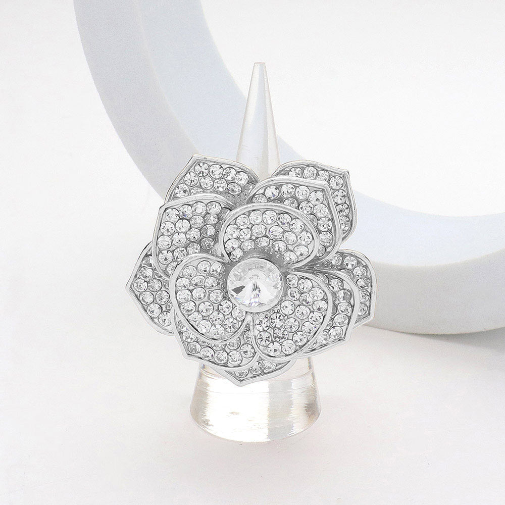 Madeline Love Clear, Silver Round Stone Centered Rhinestone Paved Flower Stretch Ring - Hair Accessories