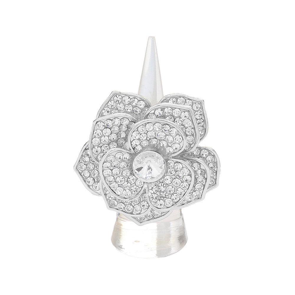 Madeline Love Clear, Silver Round Stone Centered Rhinestone Paved Flower Stretch Ring - Hair Accessories - desc