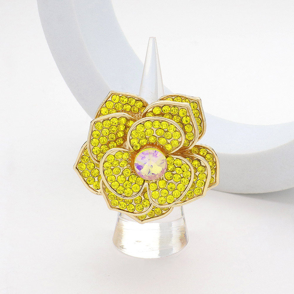 Madeline Love Yellow Round Stone Centered Rhinestone Paved Flower Stretch Ring - Hair Accessories