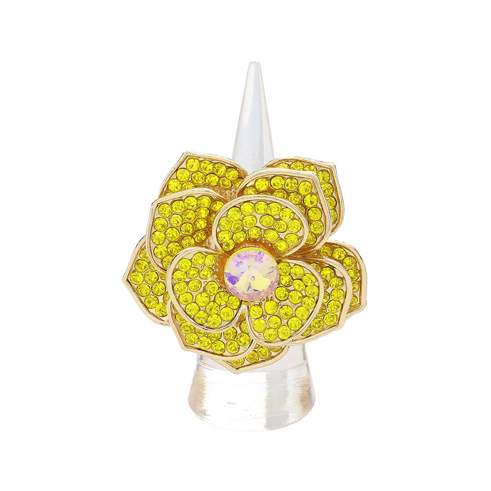 Madeline Love Yellow Round Stone Centered Rhinestone Paved Flower Stretch Ring - Hair Accessories - desc