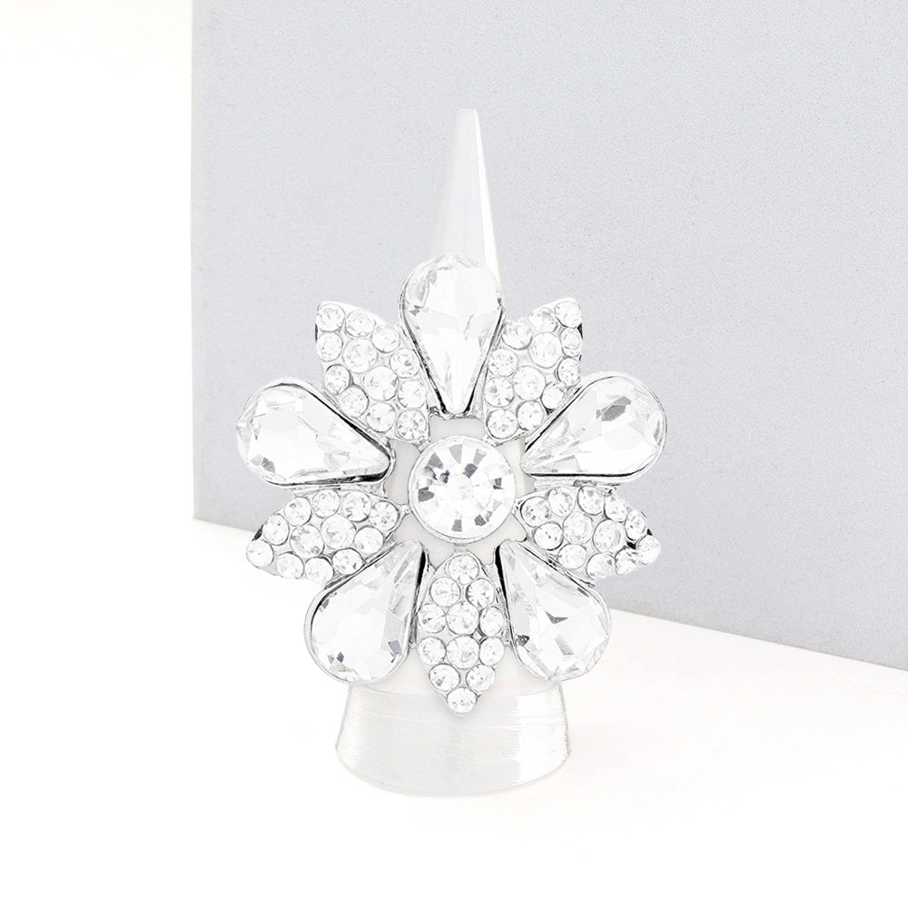 Madeline Love Clear, Rhodium Crystal Pave Teardrop Floral Stretch Ring - Jewelry