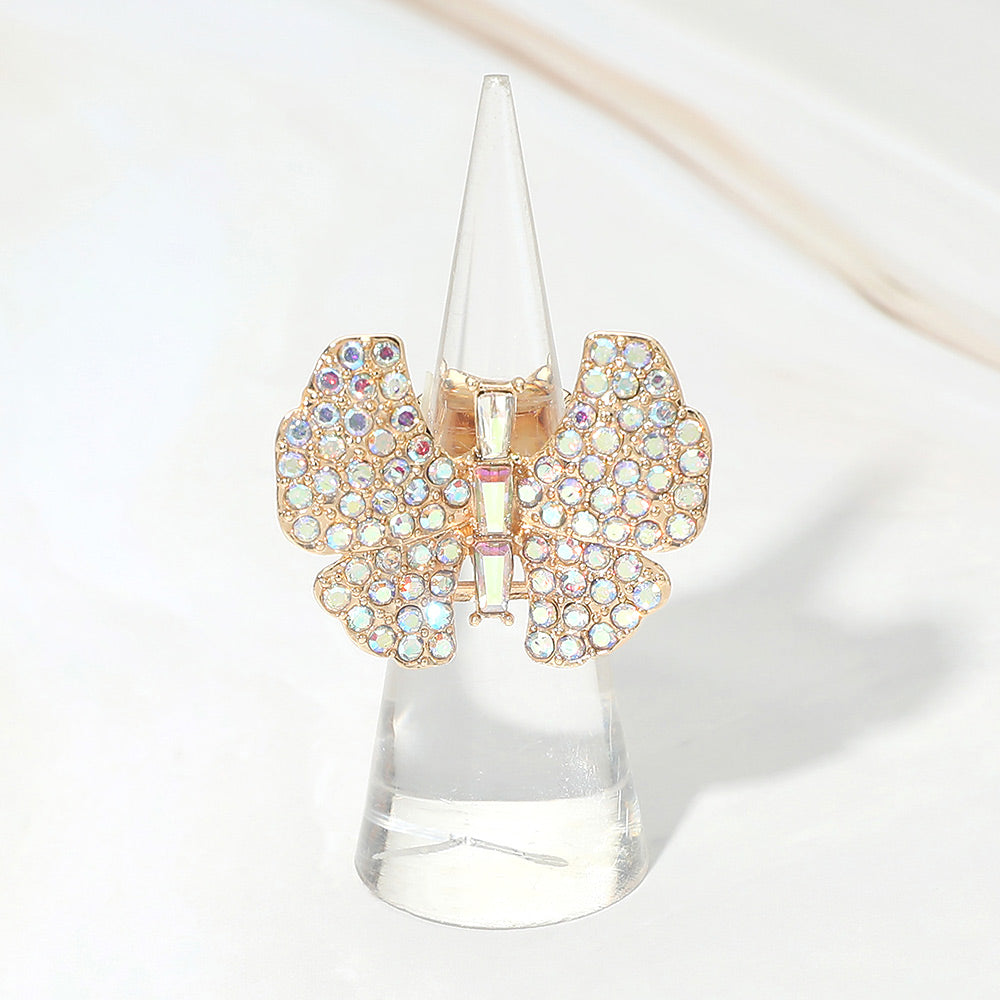 Madeline Love AB, Gold Rhinestone Pave Butterfly Accent Stretch Ring - Hair Accessories