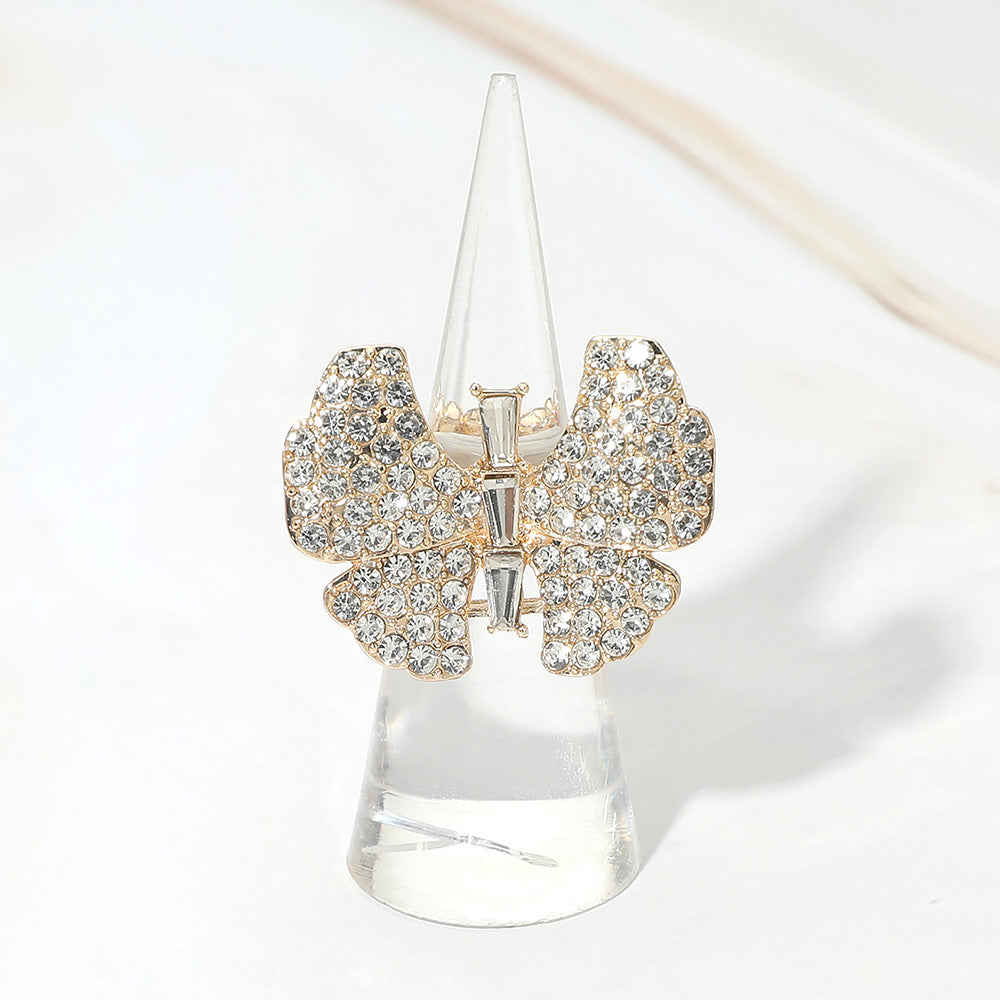 Madeline Love Clear, Gold Rhinestone Pave Butterfly Accent Stretch Ring - Hair Accessories