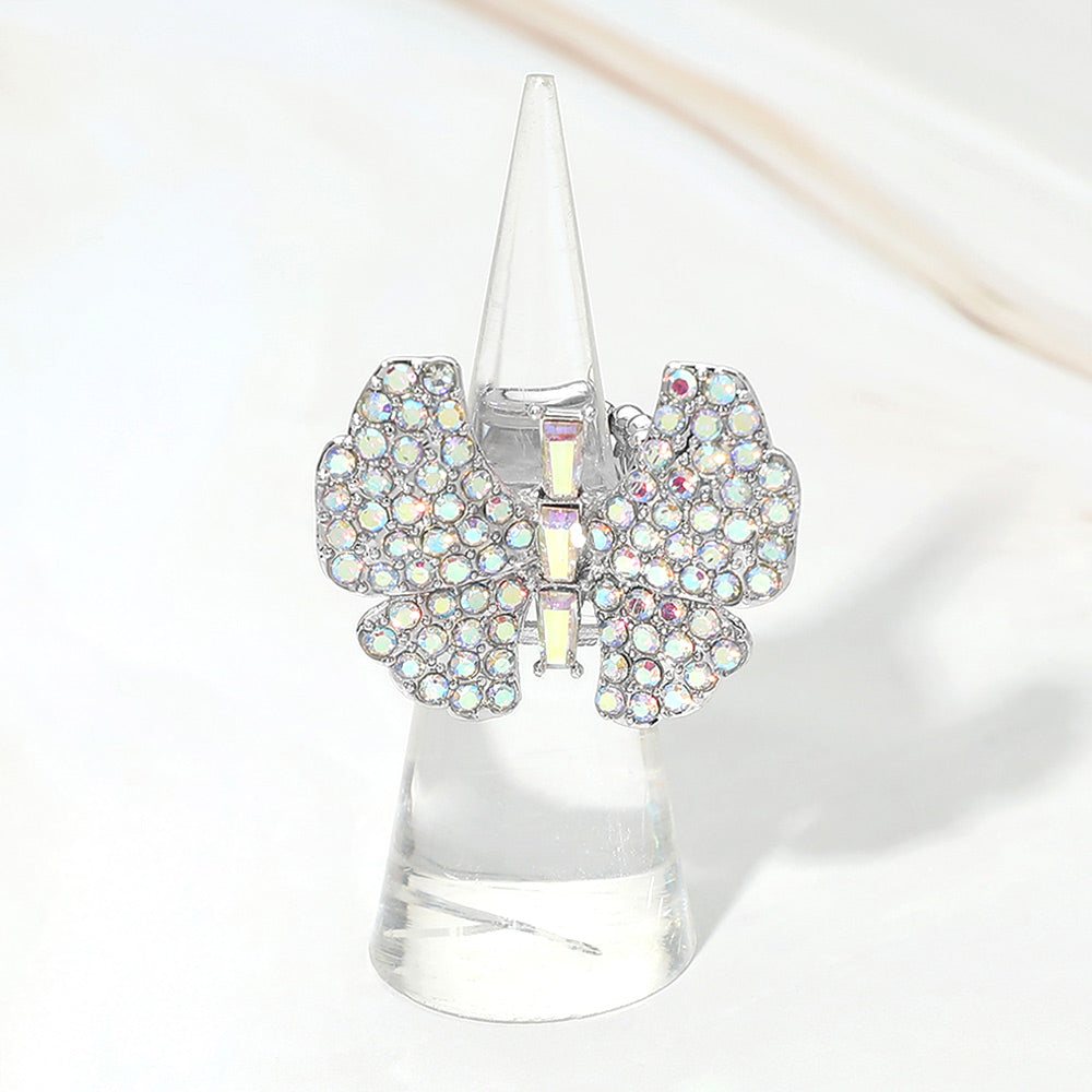 Madeline Love AB, Silver Rhinestone Pave Butterfly Accent Stretch Ring - Hair Accessories