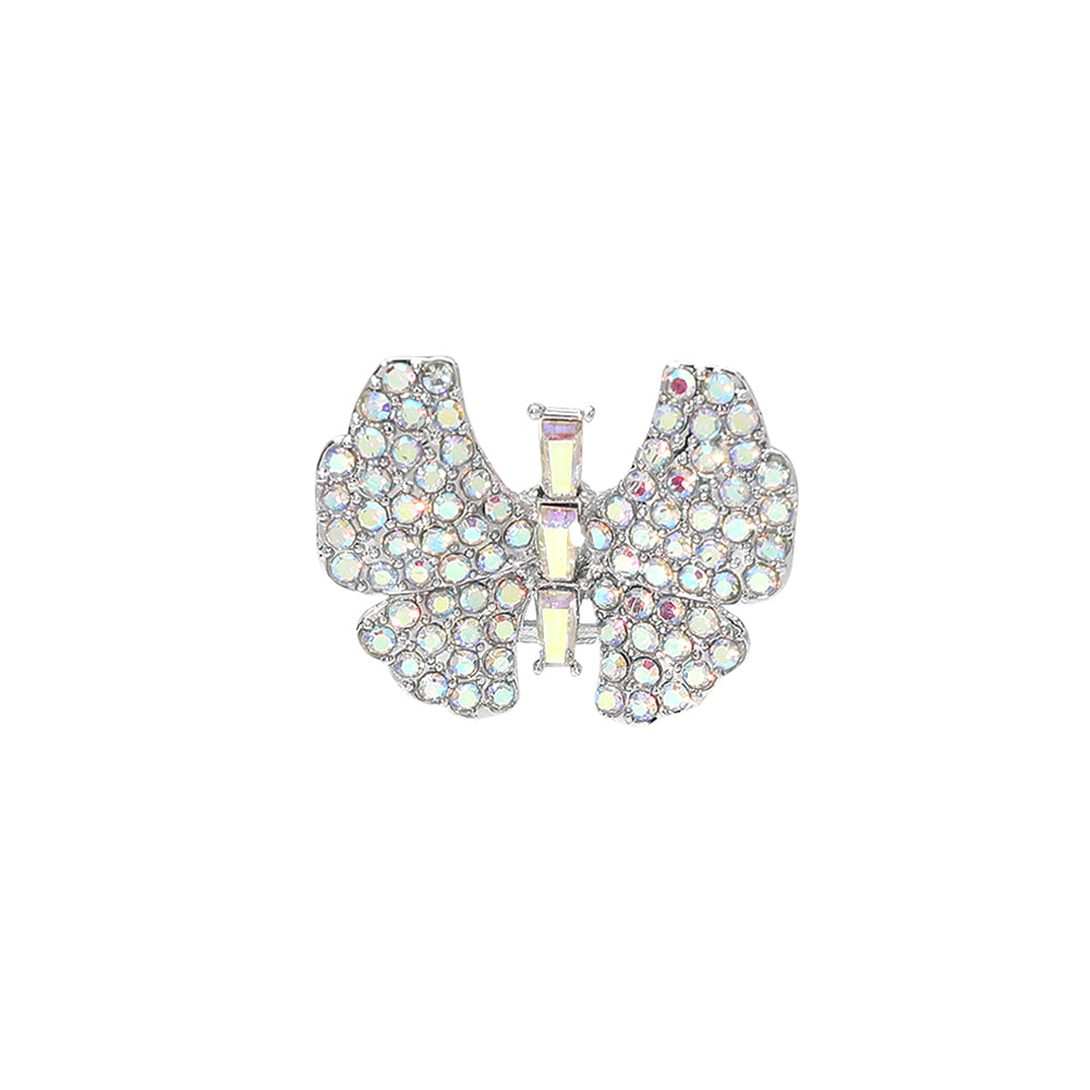 Madeline Love AB, Silver Rhinestone Pave Butterfly Accent Stretch Ring - Hair Accessories - desc