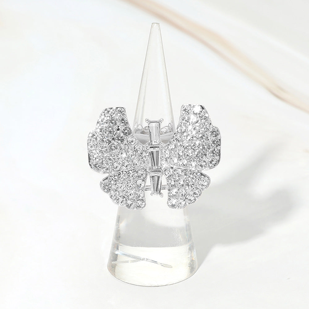 Madeline Love Clear, Silver Rhinestone Pave Butterfly Accent Stretch Ring - Hair Accessories