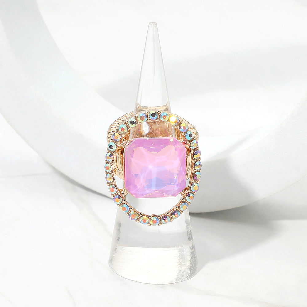 Madeline Love Gold, Lavender, Opal Square Stone Center Rhinestone Paved Rim Stretch Ring