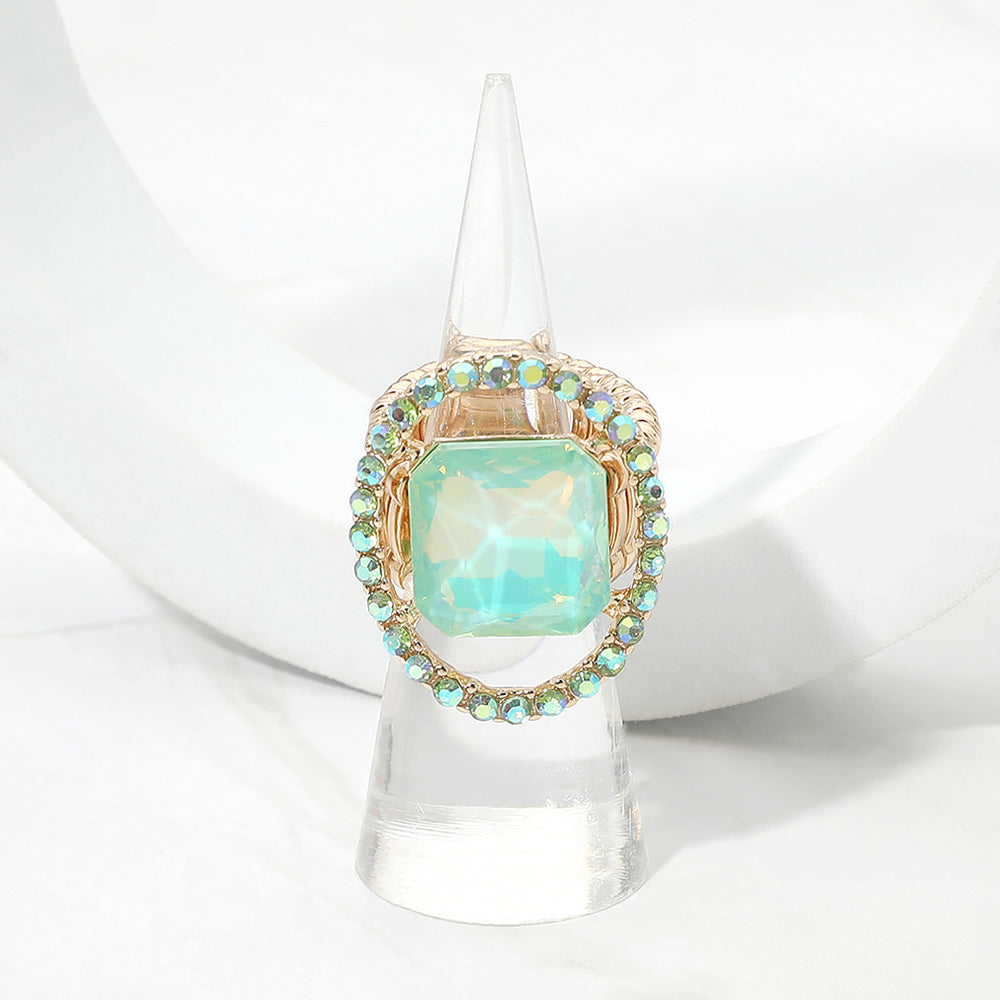 Madeline Love Gold, Mint, Opal Square Stone Center Rhinestone Paved Rim Stretch Ring