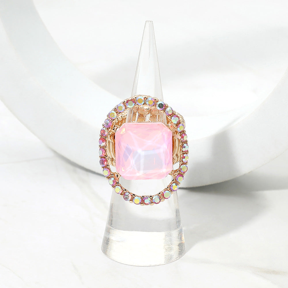 Madeline Love Gold, Opal, Pink Square Stone Center Rhinestone Paved Rim Stretch Ring