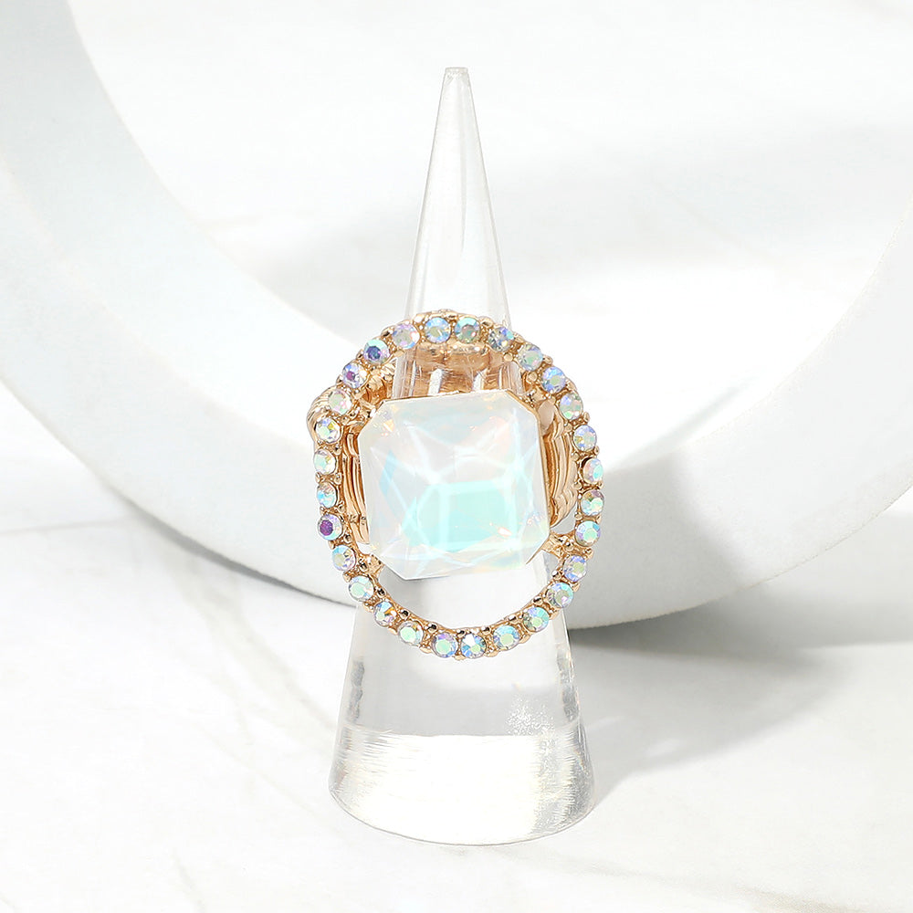 Madeline Love Gold, Opal, White Square Stone Center Rhinestone Paved Rim Stretch Ring
