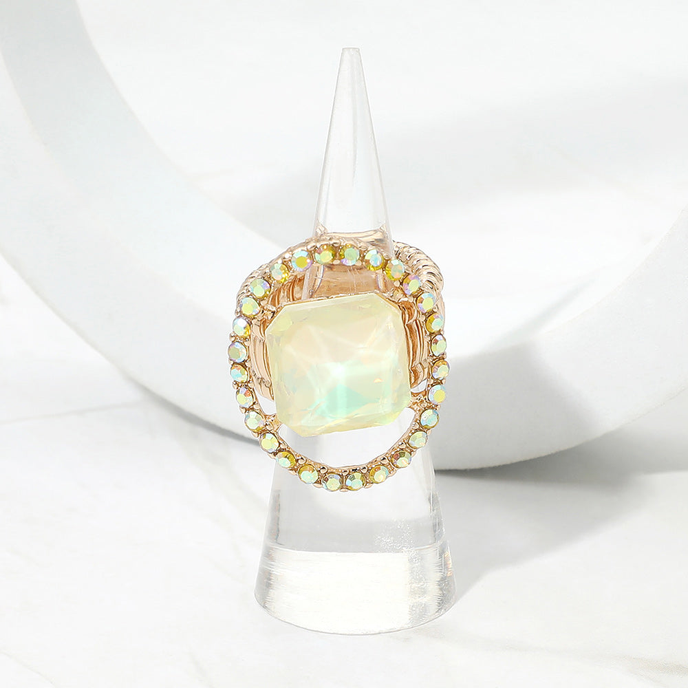 Madeline Love Gold, Opal, Yellow Square Stone Center Rhinestone Paved Rim Stretch Ring